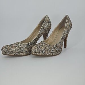 Nine West Women Rocha Shoes Grey Multi Fawn Glitter Classic Pumps 8.5 Gold Silve